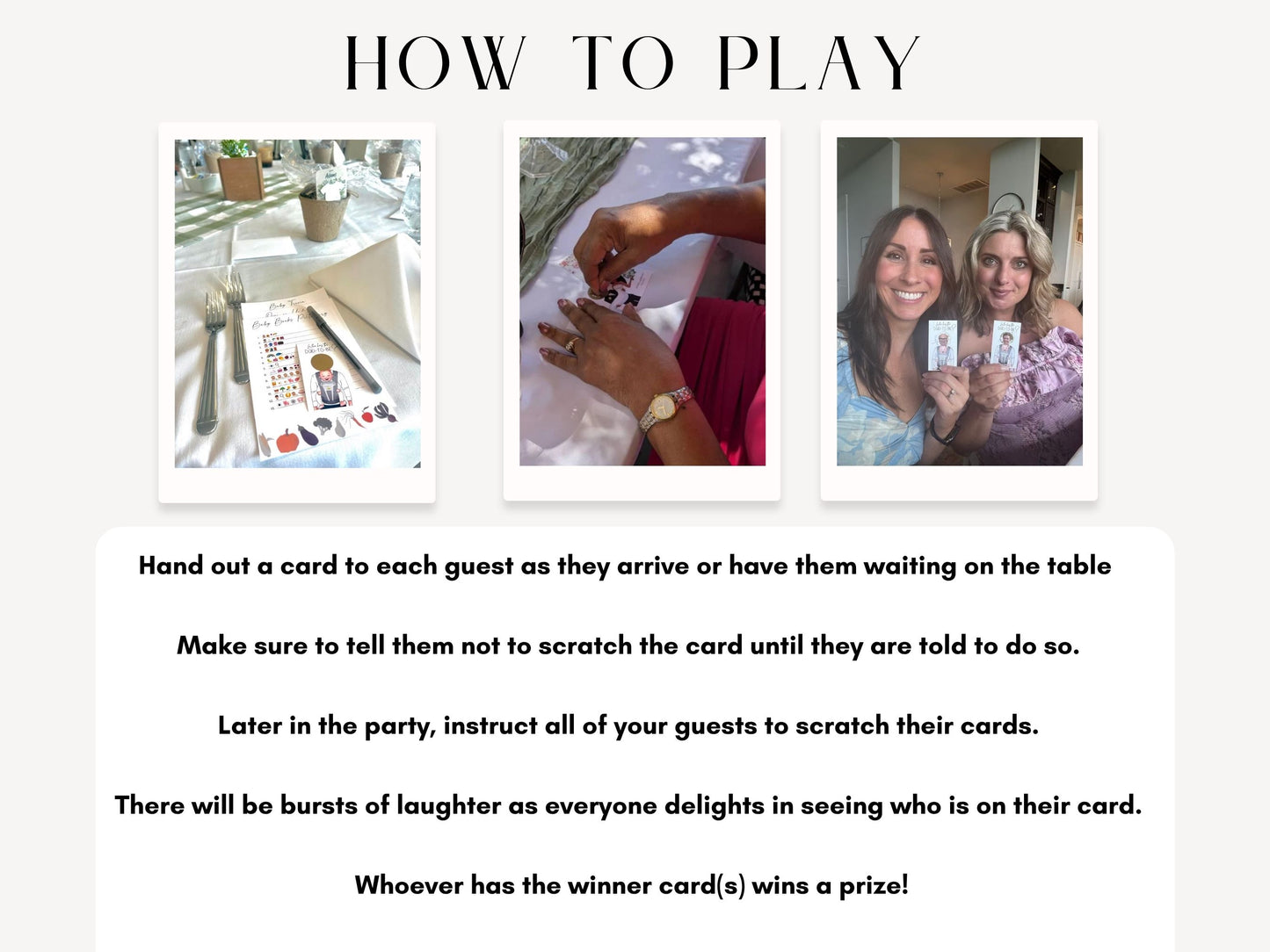 Baby shower games Who Has the Dad scratch off printed cards, how it works