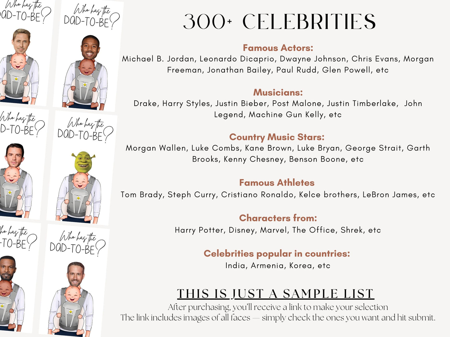 Who Has the Dad scratch-off game for baby shower activity daddy game, celebrity list