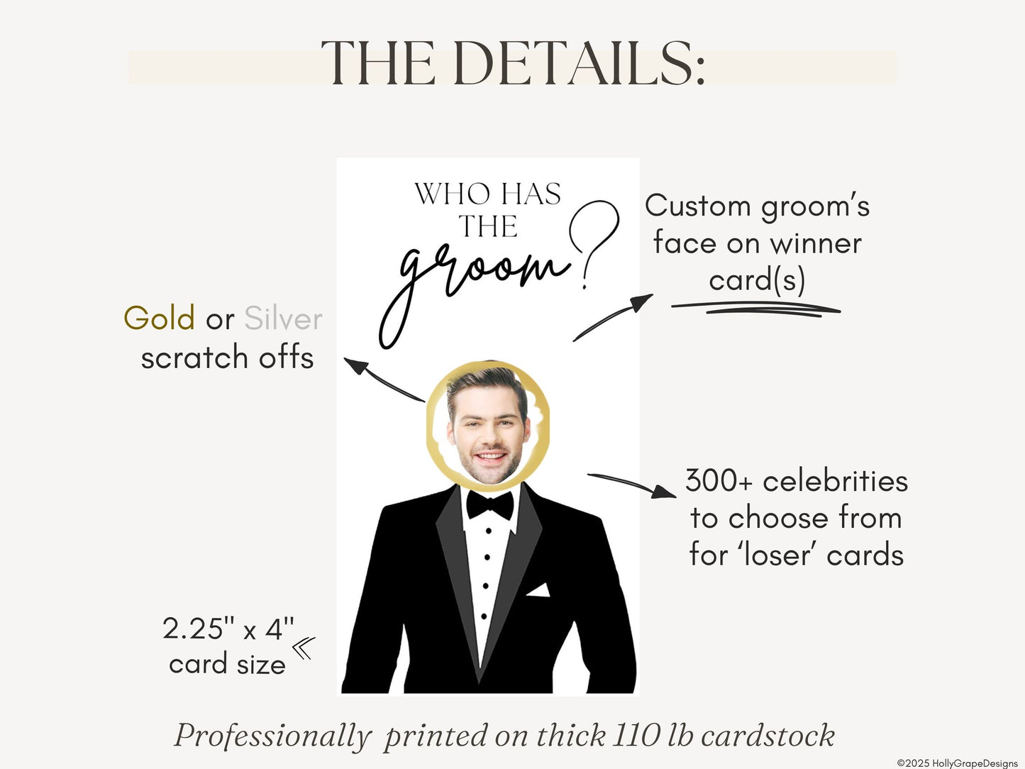 The details for Who Has the Groom scratch off bridal shower game cards – fun printed wedding party game