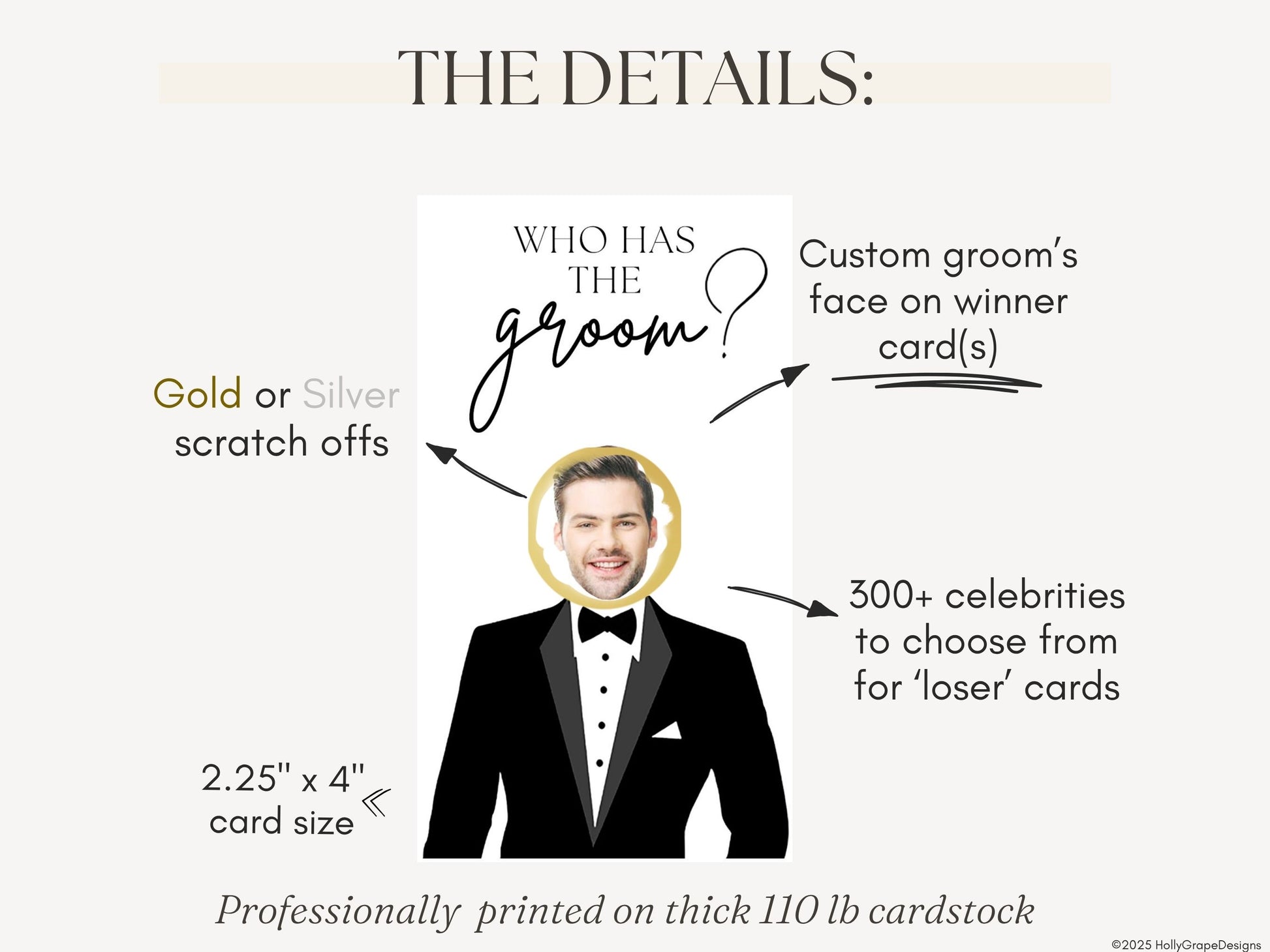 The details for Who Has the Groom scratch off bridal shower game cards – fun printed wedding party game