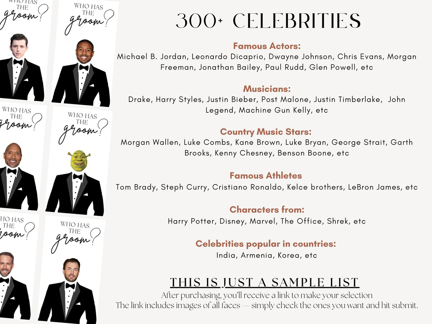 List of celebrities for Who Has the Groom scratch off bridal shower game cards – fun printed wedding party game
