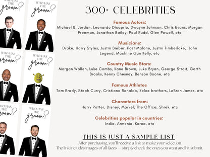 List of celebrities for Who Has the Groom scratch off bridal shower game cards – fun printed wedding party game